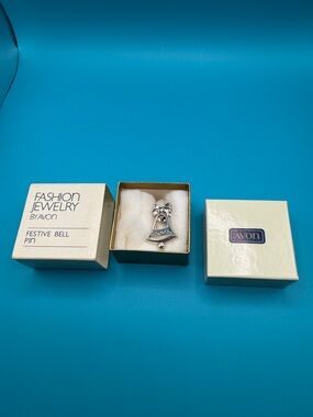 Vintage Avon Silver Tone Festive Bell Pin with Original Box